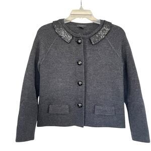 J. Crew Collection Charcoal Gray 100% Wool Beaded Sweater Blazer Jacket size XS